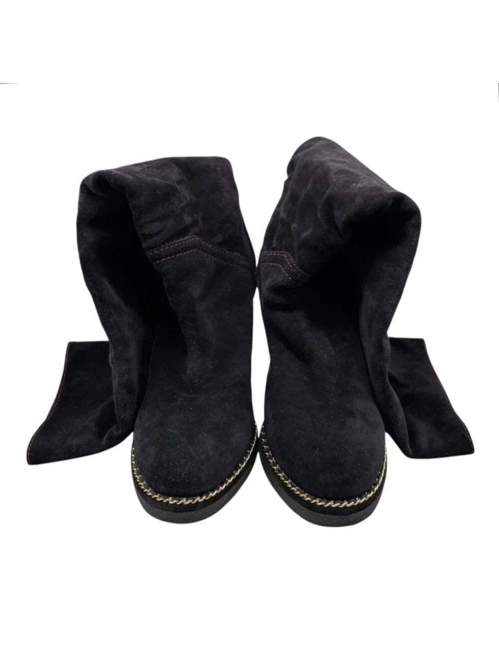 Chanel Long Boots CC Logo Chain Suede Black Gold 35.5